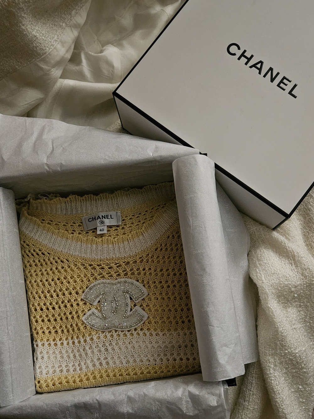 CHANEL Cream and Yellow Open-Knit Logo Sweater